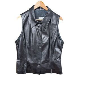 Viroel Black Leather Vest Size 12 Button-Down Classic Collar made in Italy